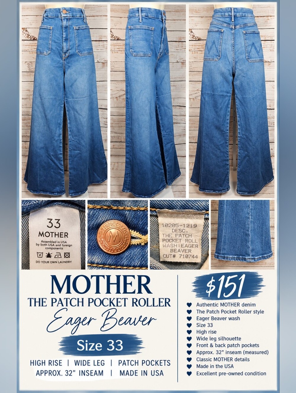 MOTHER The Patch Pocket Roller High Rise Wide Leg Jeans 33 Eager Beaver